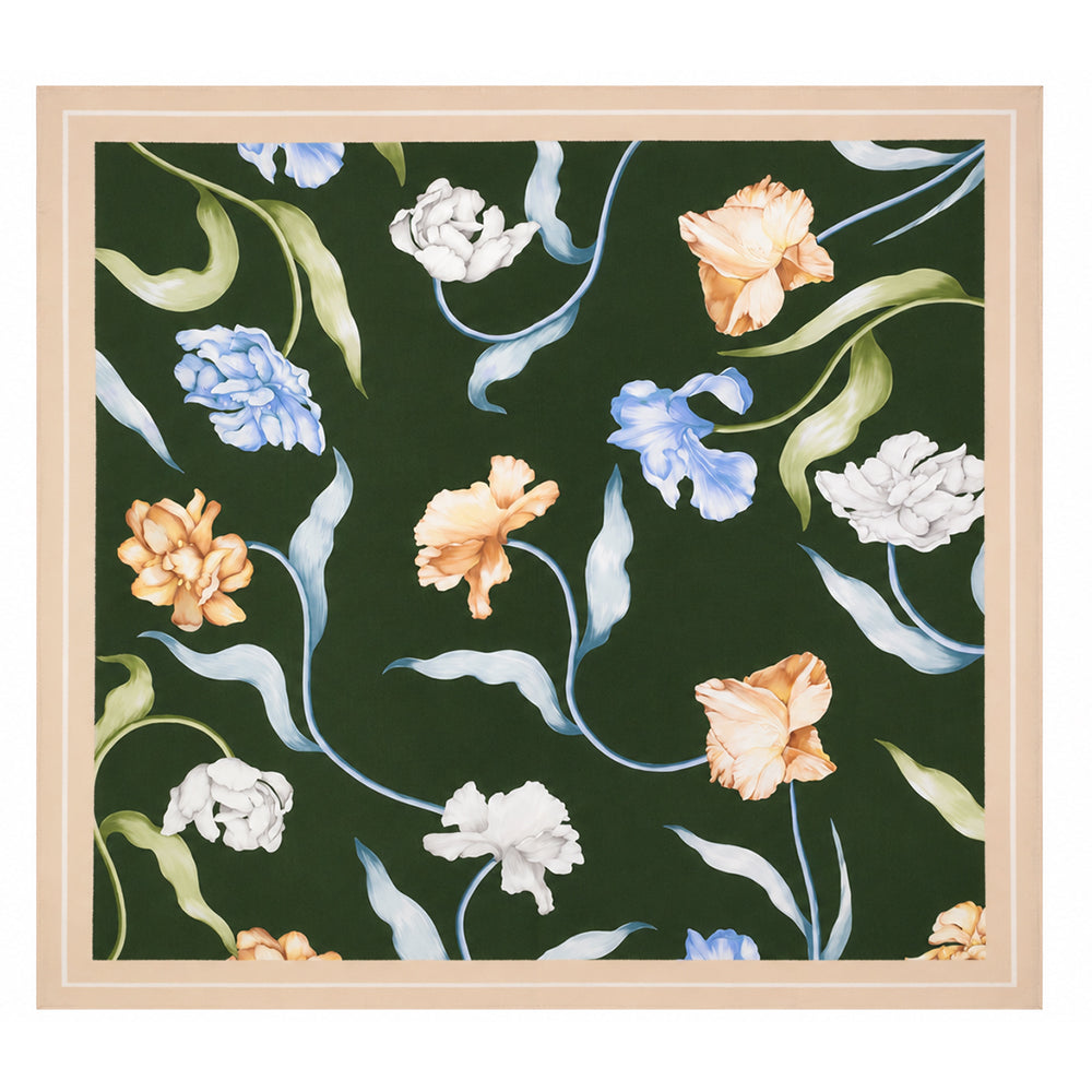 Emerald Flowers Scarf, Emerald Green, 90 cm x 90 cm, 100% Silk