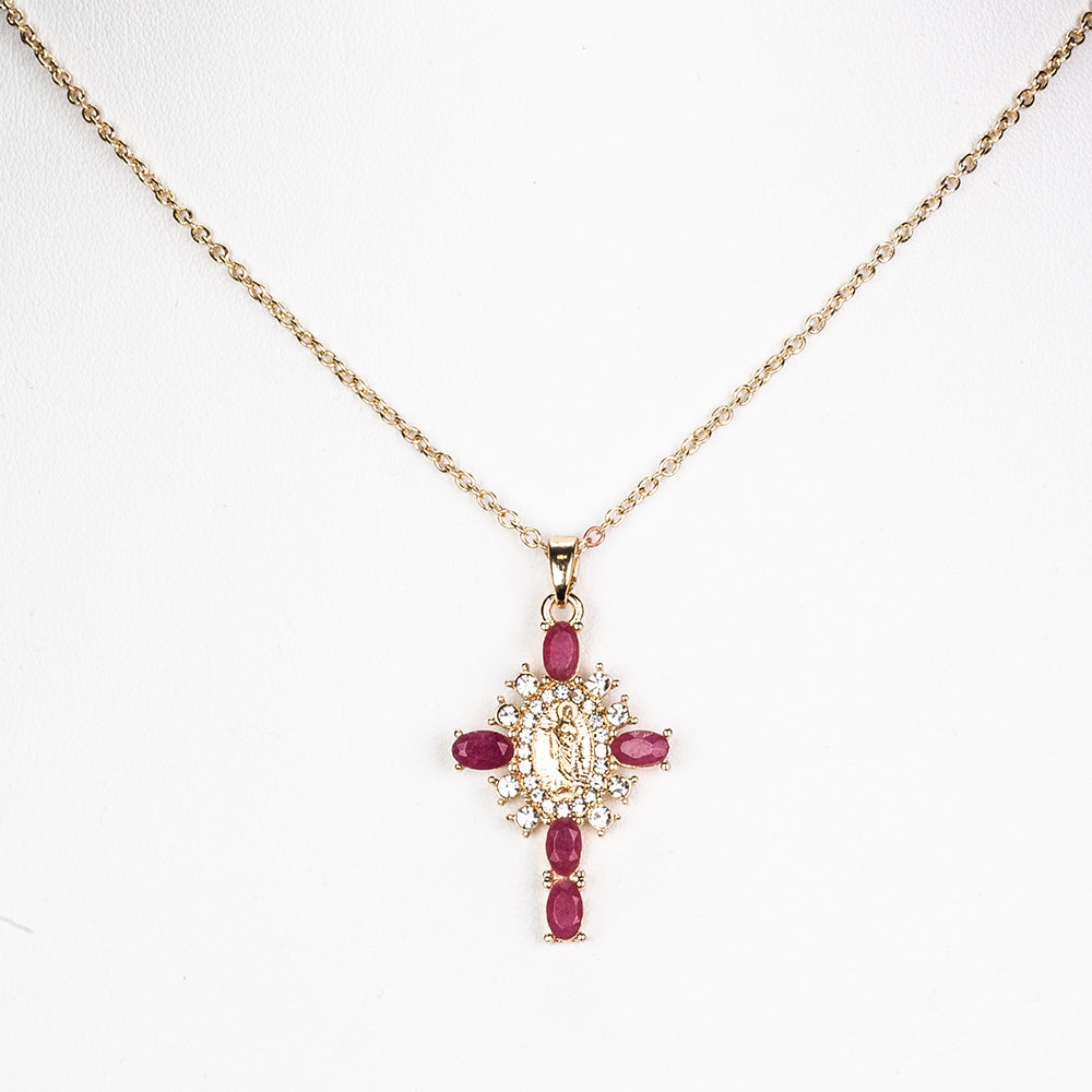 Kříž Pozlacený Slitinový Náhrdelník s Rubínem a Bílým Emporia® Křišťálem ( Náhrdelník+Přívěsek )