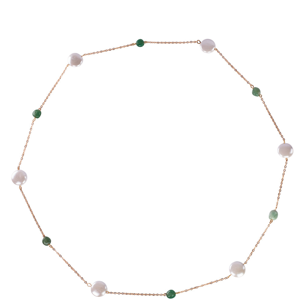 Pozlacená slitina - Náhrdelník s Bílou Matkou Perel a se Zeleným Aventurínem - Karátové číslo: 81. přibližná hmotnost: 20 gramů