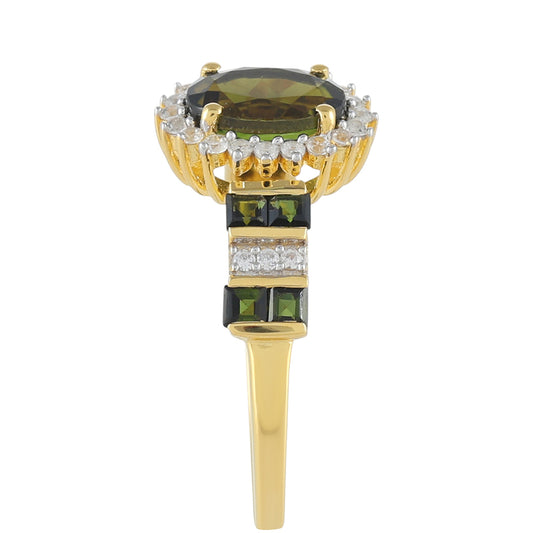 Pozlacené Stříbro 925/1000 - Prsten se Zeleným Turmalínem a Přírodním Zirkonem - Karátové číslo: 2.06. přibližná hmotnost: 2.79 gramů