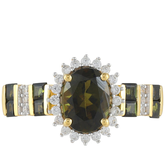 Pozlacené Stříbro 925/1000 - Prsten se Zeleným Turmalínem a Přírodním Zirkonem - Karátové číslo: 2.06. přibližná hmotnost: 2.79 gramů