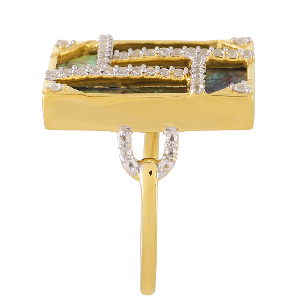 Pozlacené Stříbro 925/1000 - Prsten s Mušlí Paua a Bílým Topazem - Karátové číslo: 6.17. přibližná hmotnost: 5.84 gramů