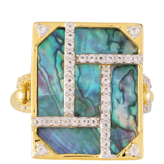 Pozlacené Stříbro 925/1000 - Prsten s Mušlí Paua a Bílým Topazem - Karátové číslo: 6.17. přibližná hmotnost: 5.84 gramů