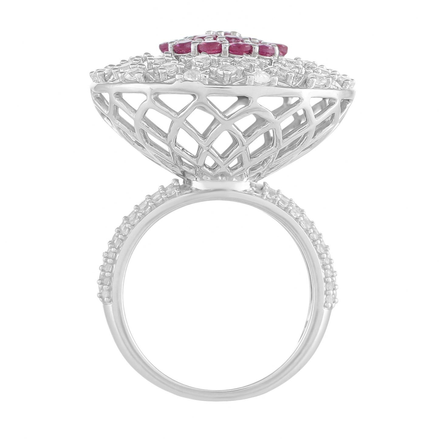 Stříbro 925/1000 - Prsten s Thajským Rubínem a Bílým Topazem - Karátové číslo: 3.16. přibližná hmotnost: 9.87 gramů