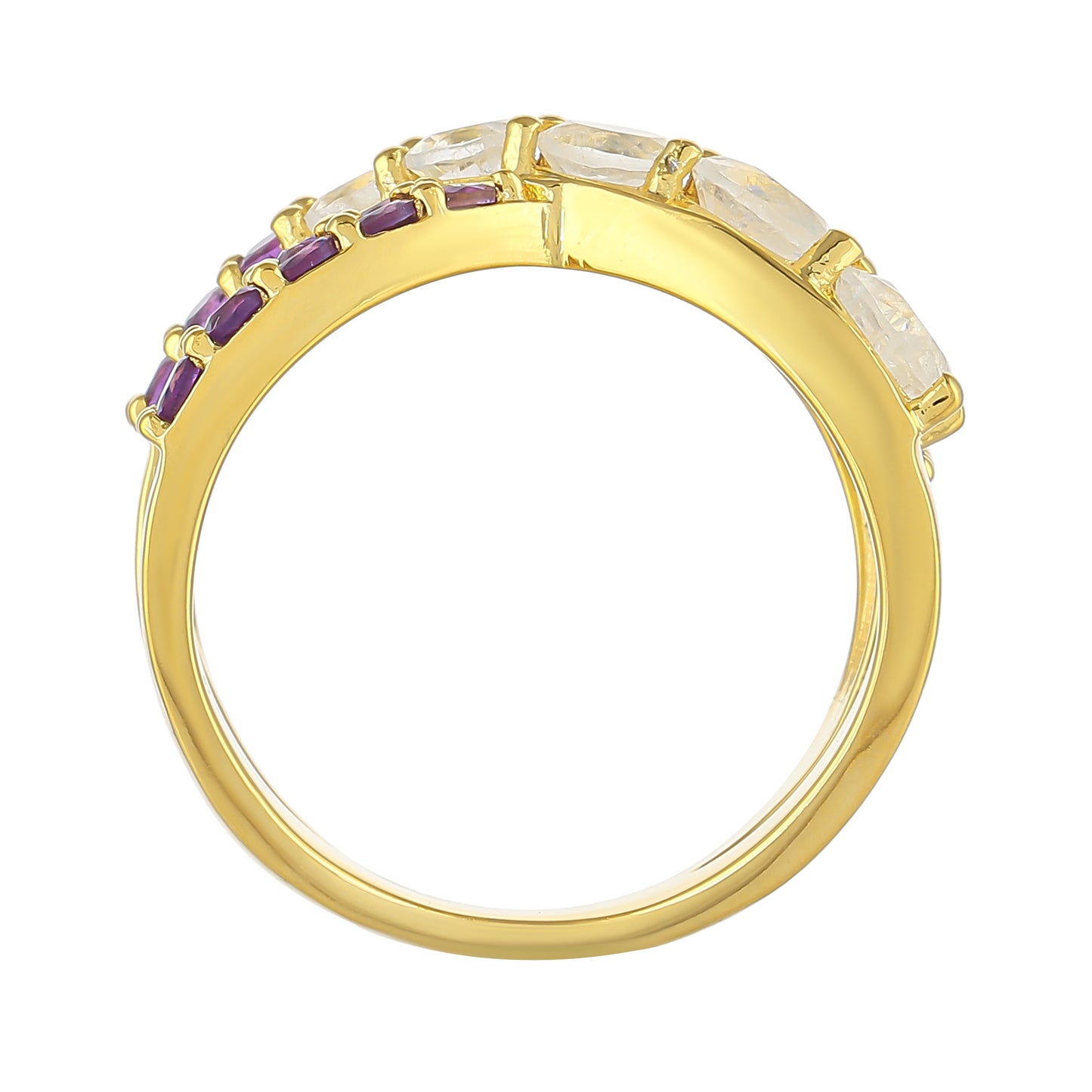 Pozlacený 925 / 1000 Sterlingové Stříbro Prsten s Duhovým Měsíčním Kamenem a Brazilským Ametystem