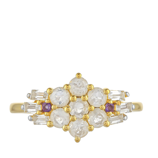 Pozlacený 925 / 1000 Sterlingové Stříbro Prsten s Duhovým Měsíčním Kamenem a Brazilským Ametystem