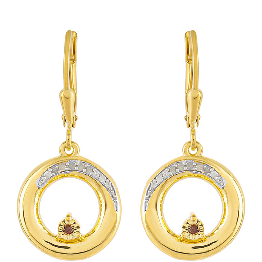 Pozlacené Stříbro 925/1000 - Náušnice s Červeným Diamantem a Bílým Diamantem - Karátové číslo: 0.12. přibližná hmotnost: 4.63 gramů