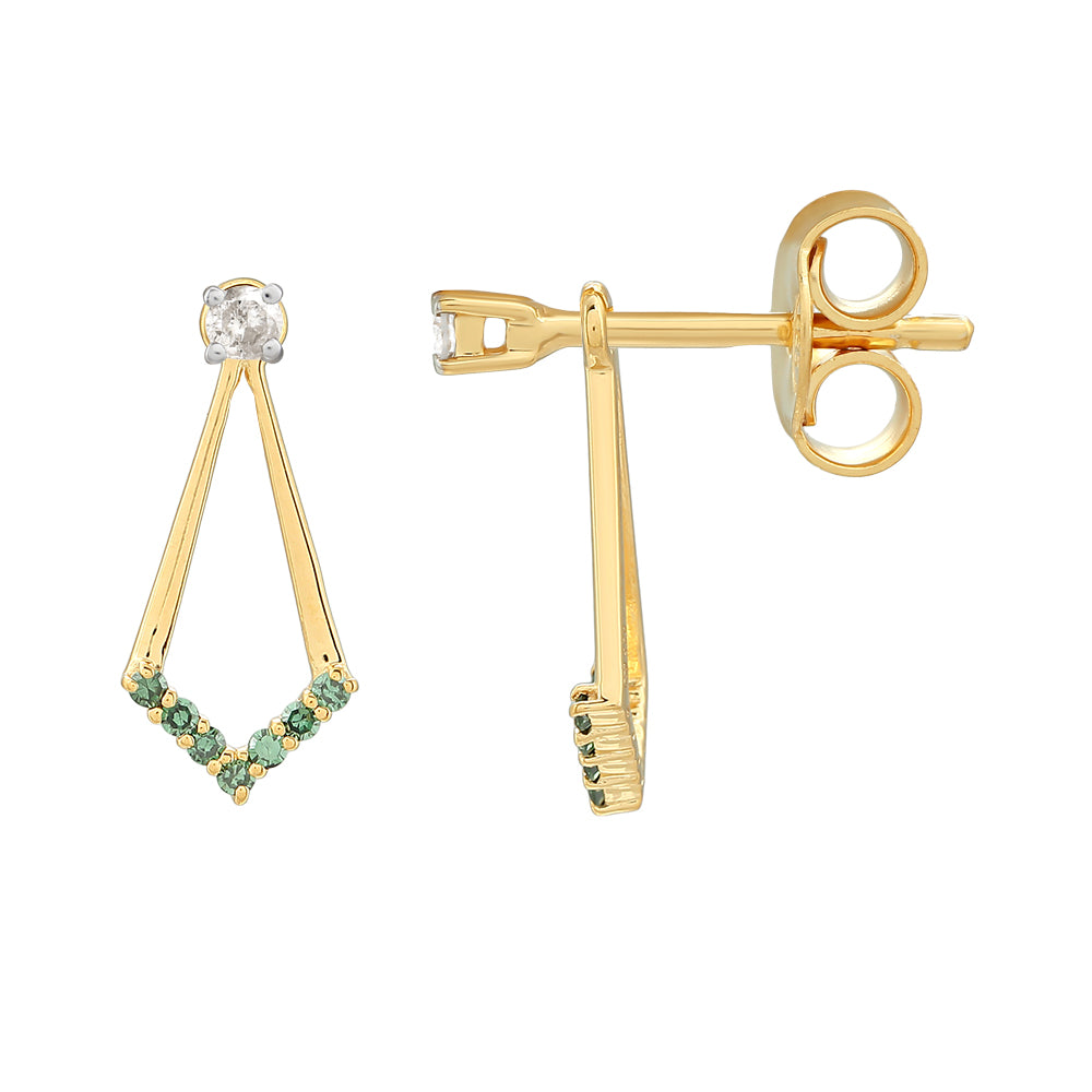 Pozlacené Stříbro 925/1000 - Náušnice se Zeleným Diamantem - Karátové číslo: 0.17. přibližná hmotnost: 1.77 gramů