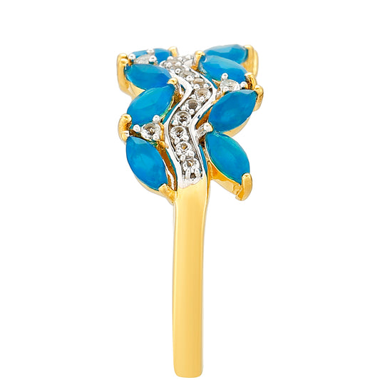 Pozlacené Stříbro 925/1000 - Prsten s etiopským Paraiba modrým opálem a Bílým Topazem - Karátové číslo: 1.09. přibližná hmotnost: 2.74 gramů