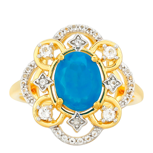 Pozlacené Stříbro 925/1000 - Prsten s etiopským Paraiba modrým opálem a Bílým Topazem - Karátové číslo: 1.29. přibližná hmotnost: 3.04 gramů