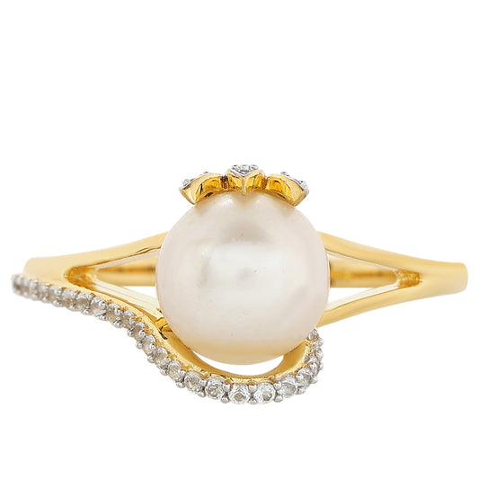 Pozlacené Stříbro 925/1000 - Prsten s Barokní Sladkovodní Kultivovanou Perlou a Bílým Topazem - Karátové číslo: 2.84. přibližná hmotnost: 2.85 gramů