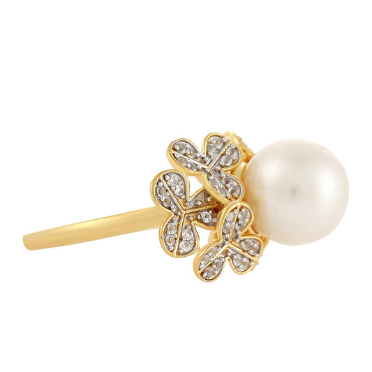 Pozlacené Stříbro 925/1000 - Prsten s Barokní Sladkovodní Kultivovanou Perlou a Bílým Topazem - Karátové číslo: 6.87. přibližná hmotnost: 5.44 gramů