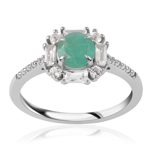 Stříbro 925/1000 - Prsten s Brazilským Smaragdem a Bílým Topazem - Karátové číslo: 1.78. přibližná hmotnost: 2.89 gramů