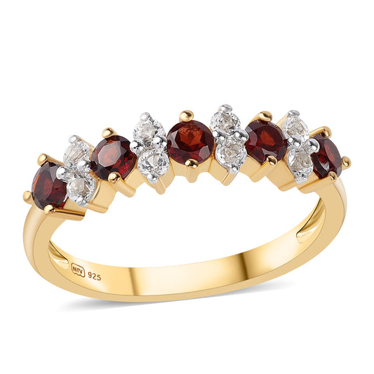 Pozlacené Stříbro 925/1000 - Prsten s Bartonským Granátem a Bílým Topazem - Karátové číslo: 1.07. přibližná hmotnost: 2.26 gramů