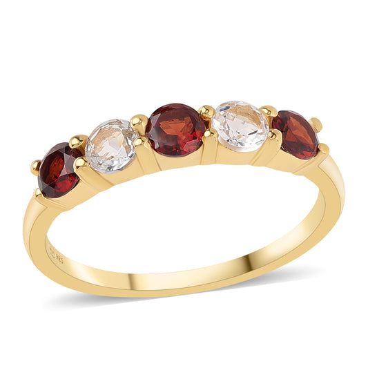 Pozlacené Stříbro 925/1000 - Prsten s Bartonským Granátem a Bílým Topazem - Karátové číslo: 1.59. přibližná hmotnost: 2.76 gramů