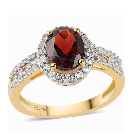 Pozlacené Stříbro 925/1000 - Prsten s Bartonským Granátem a Bílým Topazem - Karátové číslo: 3.1. přibližná hmotnost: 3.84 gramů