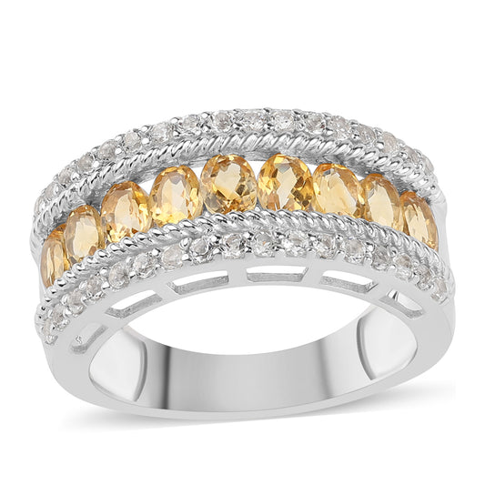 Stříbro 925/1000 - Prsten s Citrínem a Bílým Topazem - Karátové číslo: 3.06. přibližná hmotnost: 6.47 gramů