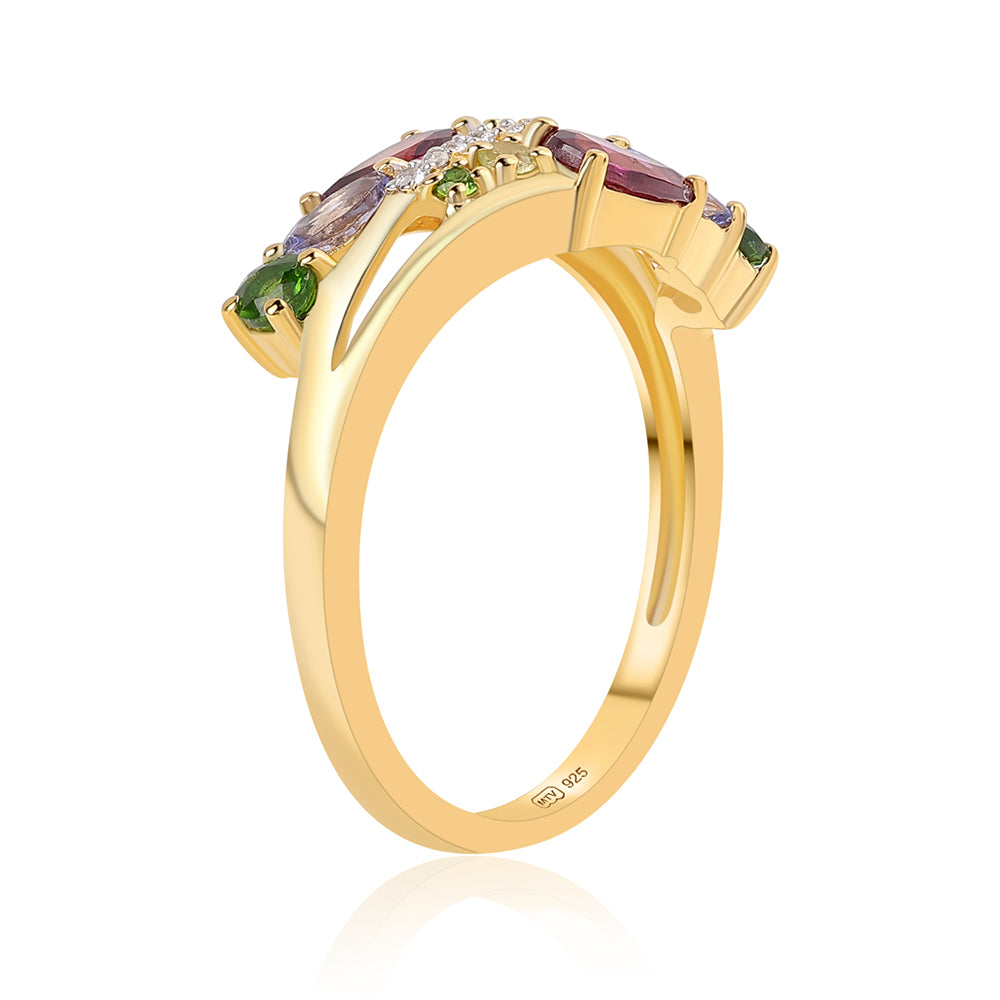 Pozlacený 925 / 1000 Sterlingové Stříbro Prsten s Rhodolitovým Granátem a Tanzanitem