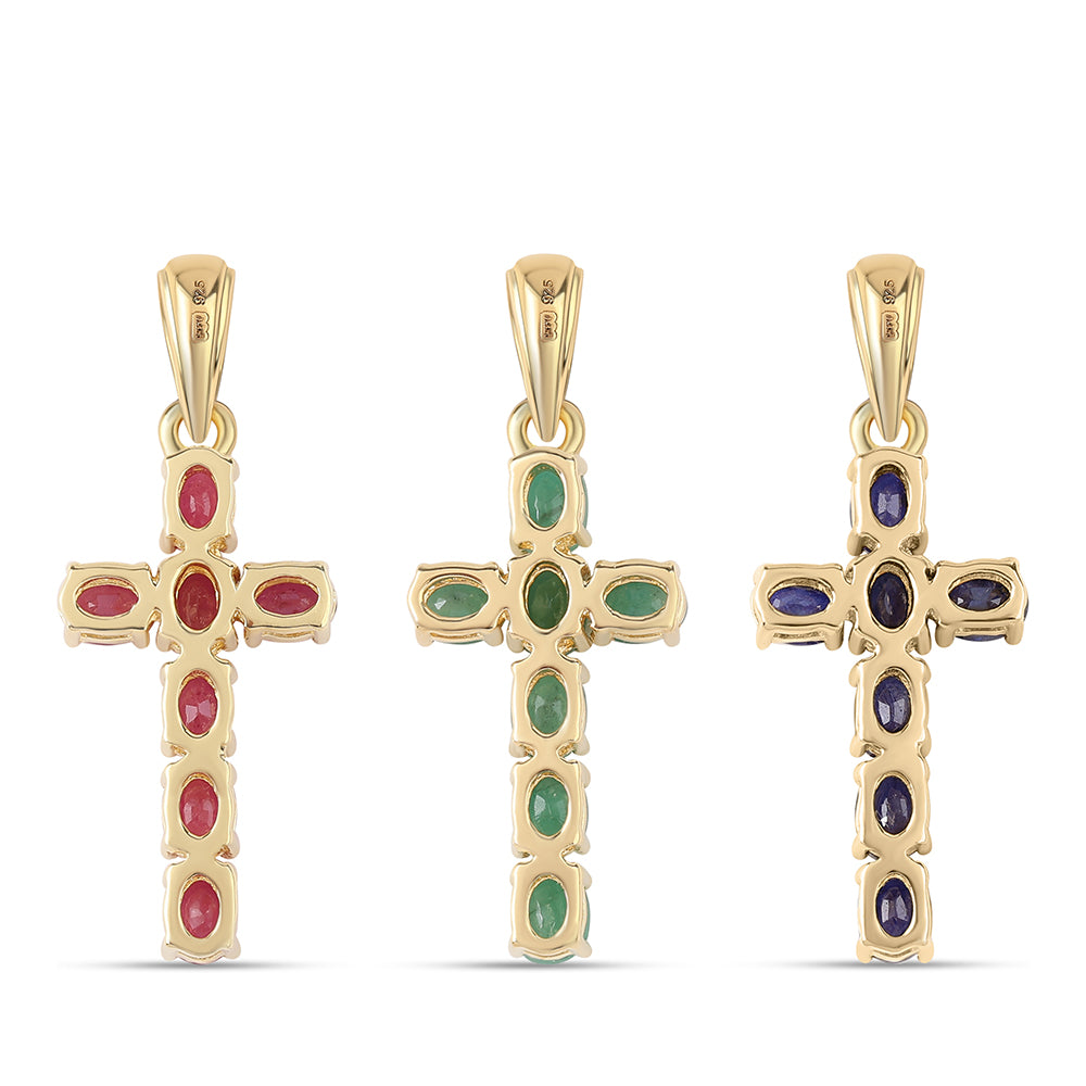 Kříž Pozlacená Stříbrná Sada s Thajským Rubínem a Brazilským Smaragdem ( Přívěsek )