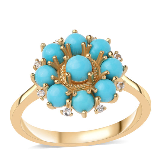 Pozlacené Stříbro 925/1000 - Prsten s Tyrkysem Sleeping Beauty a Bílým Topazem - Karátové číslo: 2.43. přibližná hmotnost: 3.7 gramů