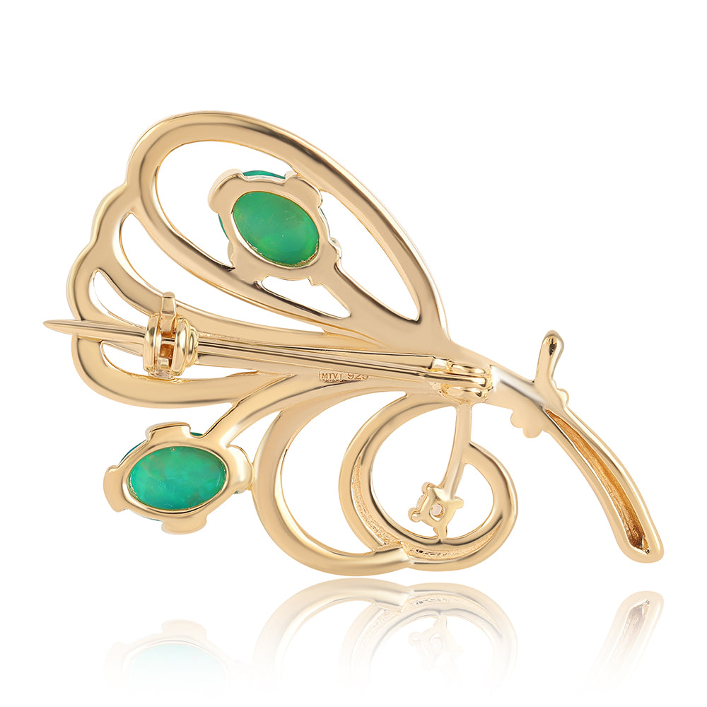 Pozlacený 925 / 1000 Sterlingové Stříbro Brož se Zeleným Etiopským Opálem z Lega Dembi a Bílým Topazem