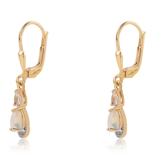 Pozlacené Sterlingové Stříbro 925 / 1000 - Náušnice s Etiopským Opálem z Lega Dembi a Bílým Topazem