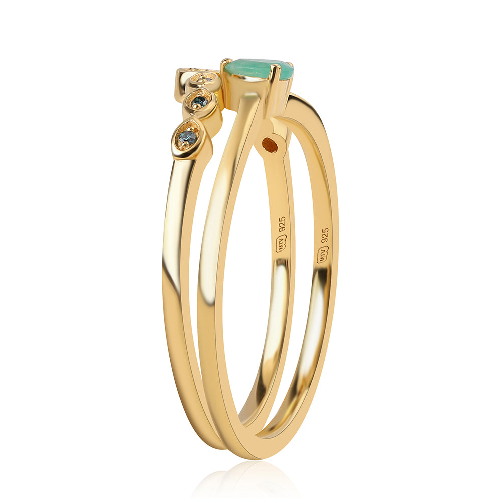 Pozlacené Stříbro 925/1000 - Sada s Modrým Diamantem a Brazilským Smaragdem - Karátové číslo: 0.26. přibližná hmotnost: 3.16 gramů ( Prsten )