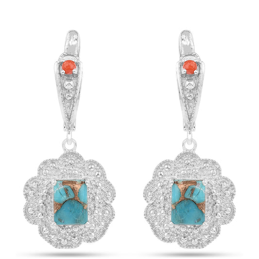 Stříbro 925/1000 - Náušnice s Ústřicovým Tyrkysem a Červeným Korálem - Karátové číslo: 3.93. přibližná hmotnost: 6.02 gramů