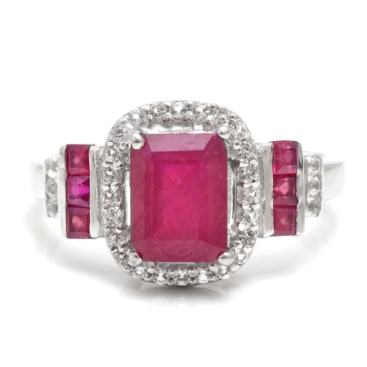 Stříbrný Prsten s Madagaskarským Rubínem a Bílým Topazem