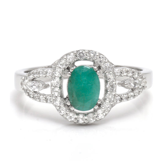 Stříbro 925/1000 - Prsten s Brazilským Smaragdem a Bílým Topazem - Karátové číslo: 0.94. přibližná hmotnost: 3.36 gramů