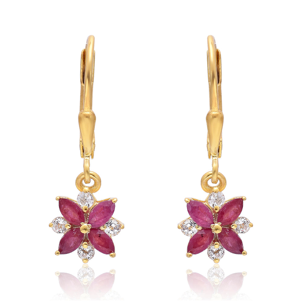 Pozlacené Stříbro 925/1000 - Náušnice s Madagaskarským Rubínem a Bílým Topazem - Karátové číslo: 2.14. přibližná hmotnost: 2.05 gramů