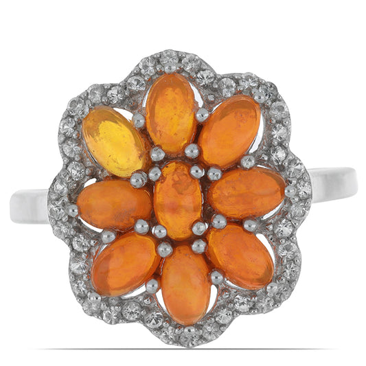 Stříbro 925/1000 Prsten s Oranžovým Opálem z Lega Dembi a Bílým Topazem - Karátové číslo: 2.06. přibližná hmotnost: 4.66 gramů