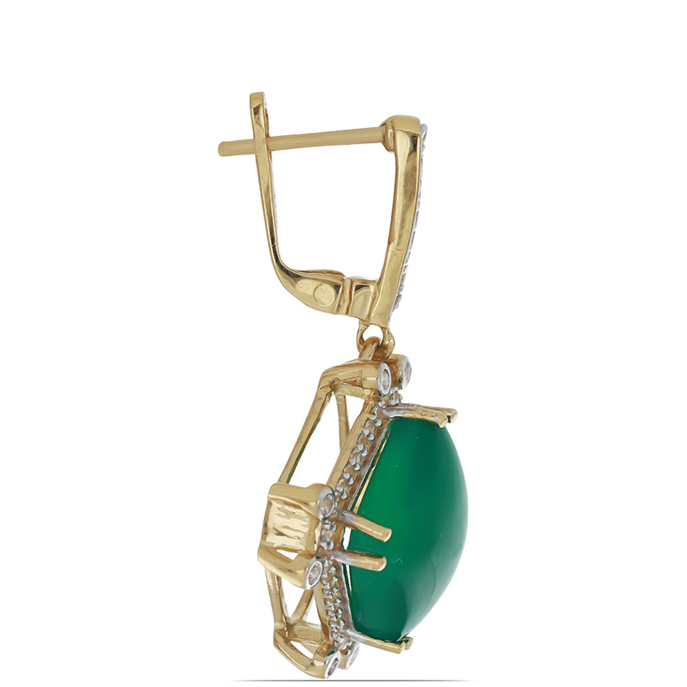 Pozlacené Stříbrné Náušnice se Zeleným Achátem a Bílým Topazem