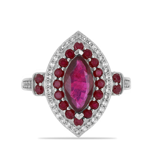 Stříbro 925/1000 - Prsten s Madagaskarským Rubínem a Bílým Topazem - Karátové číslo: 3.86. přibližná hmotnost: 4.98 gramů