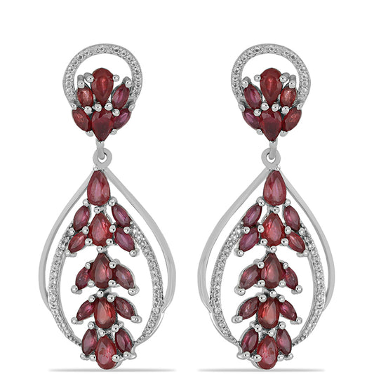 Stříbro 925/1000 - Náušnice s Madagaskarským Rubínem a Bílým Topazem - Karátové číslo: 7.83. přibližná hmotnost: 10 gramů