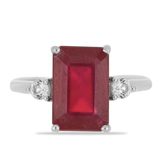 Stříbro 925/1000 - Prsten s Madagaskarským Rubínem a Bílým Topazem - Karátové číslo: 6.14. přibližná hmotnost: 3.43 gramů