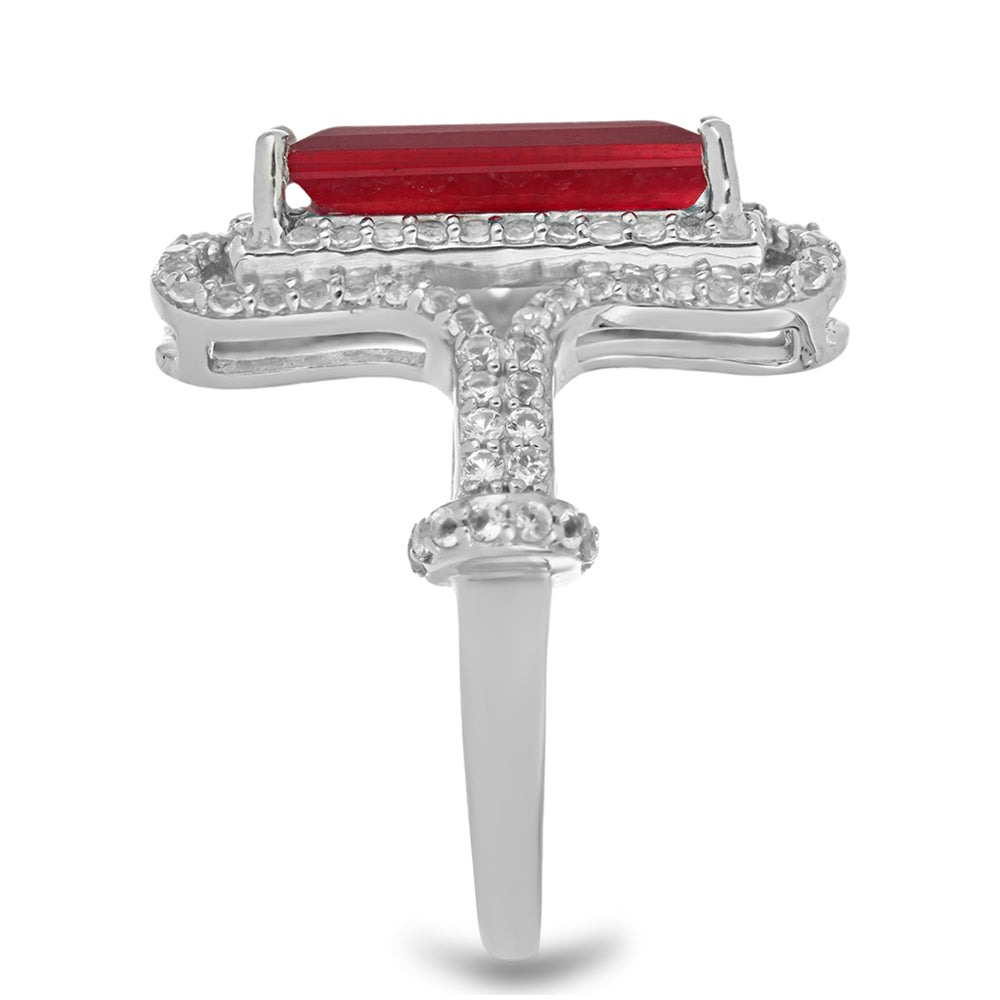 Stříbro 925/1000 - Prsten s Madagaskarským Rubínem a Bílým Topazem - Karátové číslo: 6.74. přibližná hmotnost: 6.6 gramů