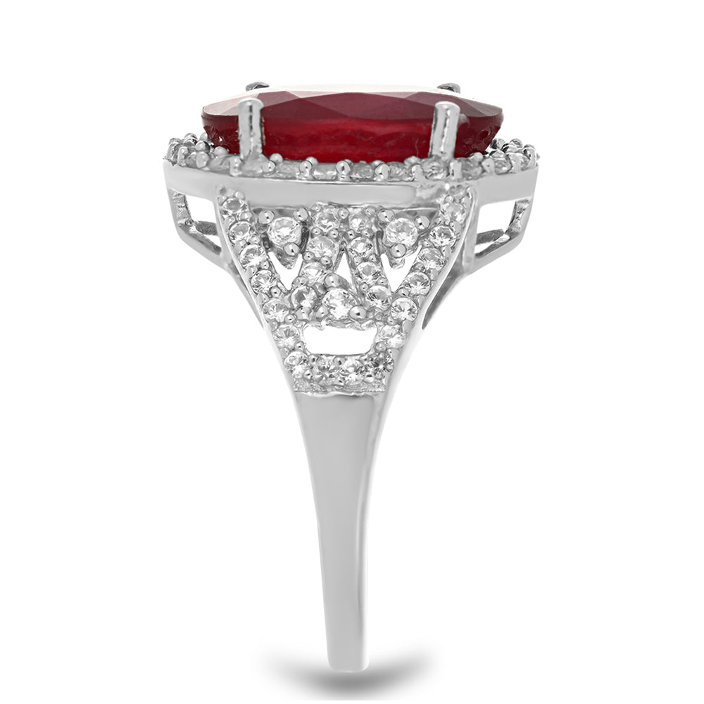 Stříbro 925/1000 - Prsten s Madagaskarským Rubínem a Bílým Topazem - Karátové číslo: 9.88. přibližná hmotnost: 6.82 gramů