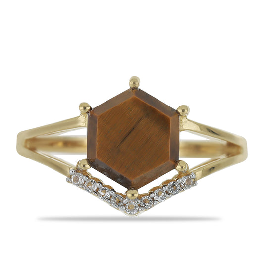 Pozlacené Stříbro 925/1000 - Prsten s Tygřím Okem a Bílým Topazem - Karátové číslo: 2.7. přibližná hmotnost: 3.39 gramů