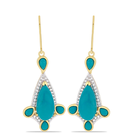 Pozlacené Stříbro 925/1000 - Náušnice s Tyrkysem Sleeping Beauty a Bílým Topazem - Karátové číslo: 9.06. přibližná hmotnost: 7.34 gramů