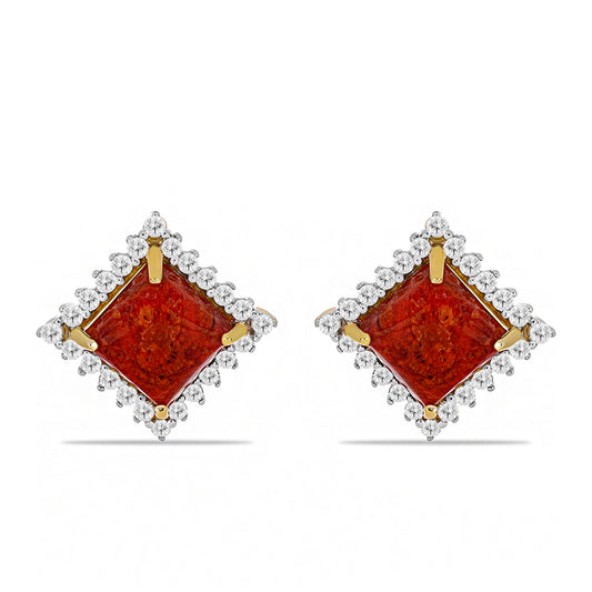 Pozlacené Stříbro 925/1000 - Náušnice s Červeným Korálem a Bílým Topazem - Karátové číslo: 5.64. přibližná hmotnost: 5.97 gramů