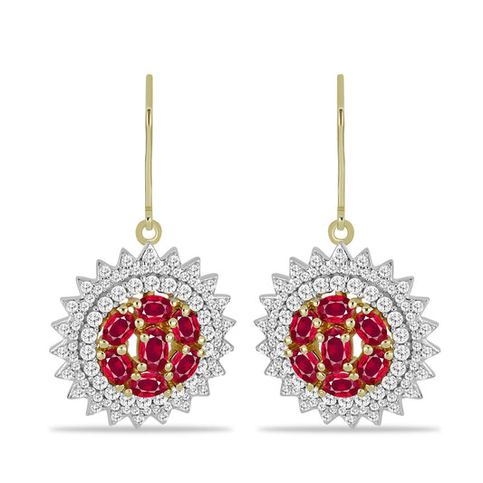 Pozlacené Stříbro 925/1000 - Náušnice s Madagaskarským Rubínem a Bílým Topazem - Karátové číslo: 5.68. přibližná hmotnost: 8.4 gramů