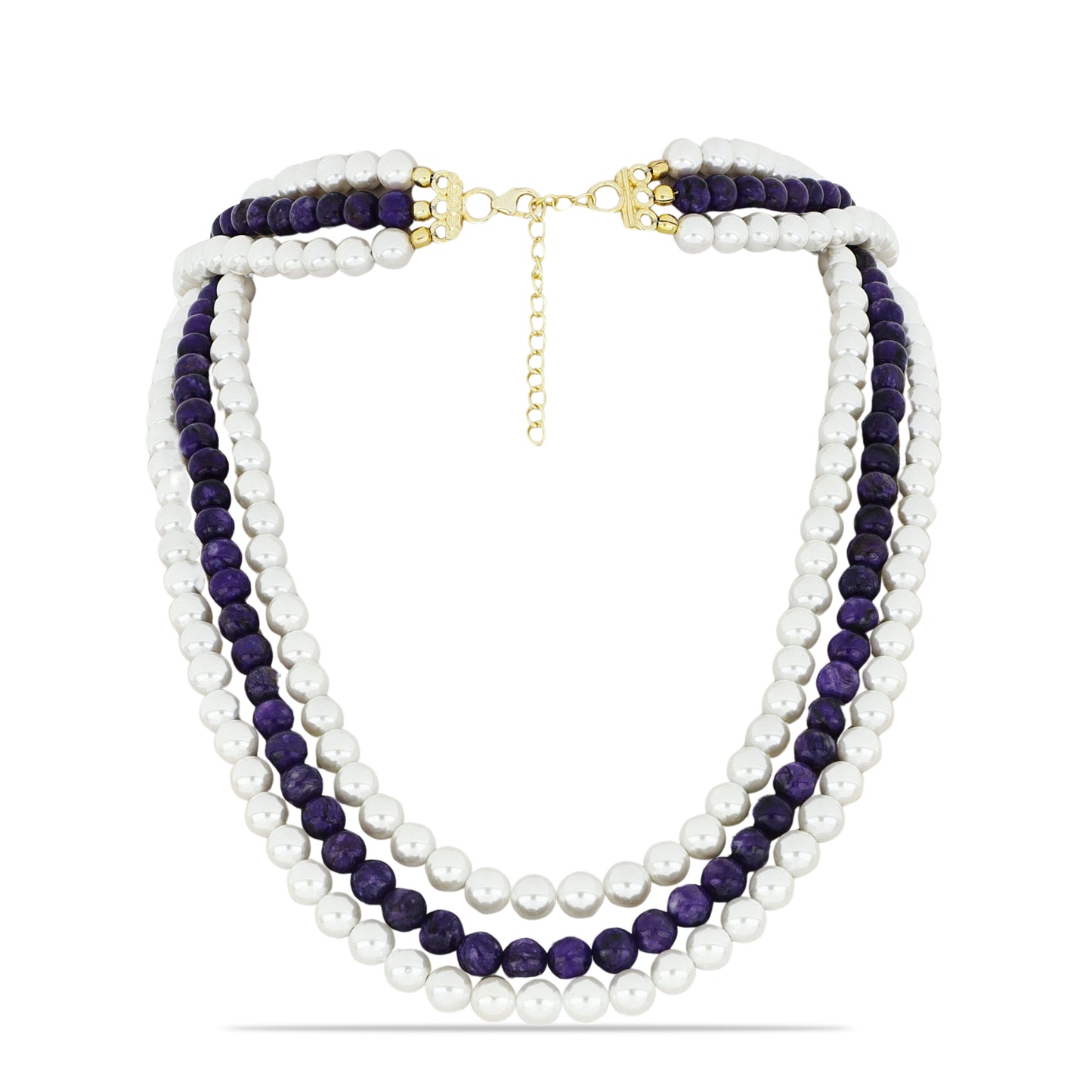 Pozlacené Stříbro 925/1000 - Náhrdelník s Čaroitem a Bílou Sladkovodní Perlou - Karátové číslo: 396.88. přibližná hmotnost: 82.23 gramů