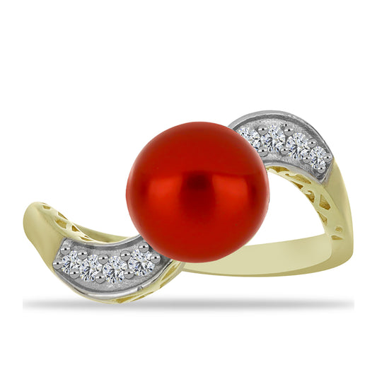 Pozlacené Stříbro 925/1000 - Prsten s Červená sladkovodní Perlou a Bílým Topazem - Karátové číslo: 2.64. přibližná hmotnost: 3.1 gramů