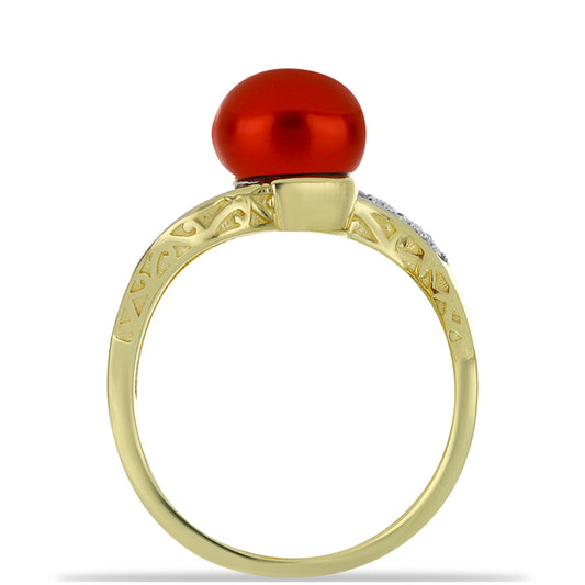Pozlacené Stříbro 925/1000 - Prsten s Červená sladkovodní Perlou a Bílým Topazem - Karátové číslo: 2.64. přibližná hmotnost: 3.1 gramů