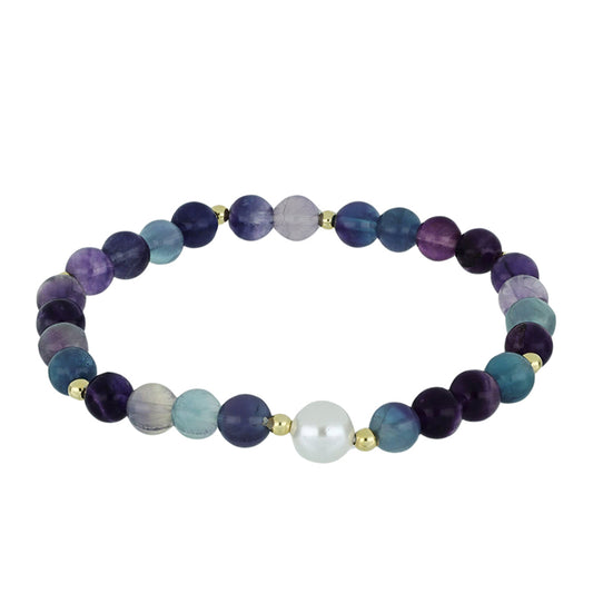 Pozlacené Stříbro 925/1000 - Náramek s Fluoritem a Bílou Sladkovodní Perlou - Karátové číslo: 67.38. přibližná hmotnost: 13.93 gramů