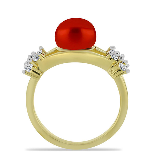 Pozlacené Stříbro 925/1000 - Prsten s Červená sladkovodní Perlou a Bílým Topazem - Karátové číslo: 2.9. přibližná hmotnost: 3.78 gramů