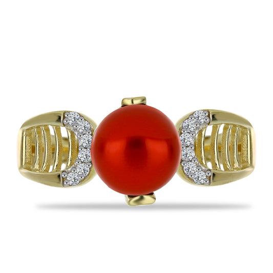 Pozlacené Stříbro 925/1000 - Prsten s Červená sladkovodní Perlou a Bílým Topazem - Karátové číslo: 2.63. přibližná hmotnost: 3.28 gramů