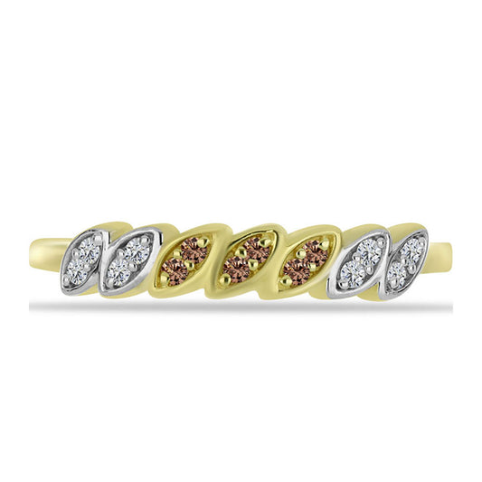 Pozlacené Stříbro 925/1000 - Prsten s Champagne Diamantem a Bílým Diamantem - Karátové číslo: 0.14. přibližná hmotnost: 2.17 gramů