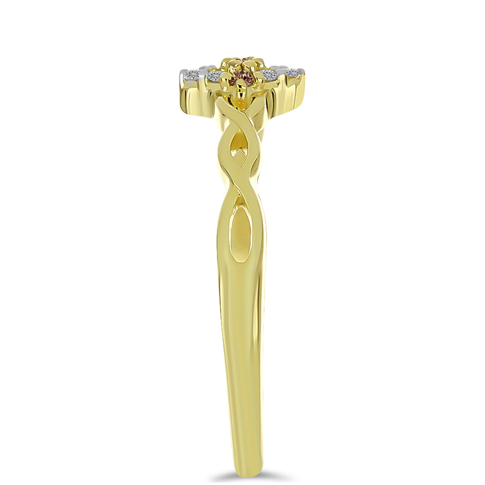 Pozlacené Stříbro 925/1000 - Prsten s Champagne Diamantem a Bílým Diamantem - Karátové číslo: 0.06. přibližná hmotnost: 1.78 gramů